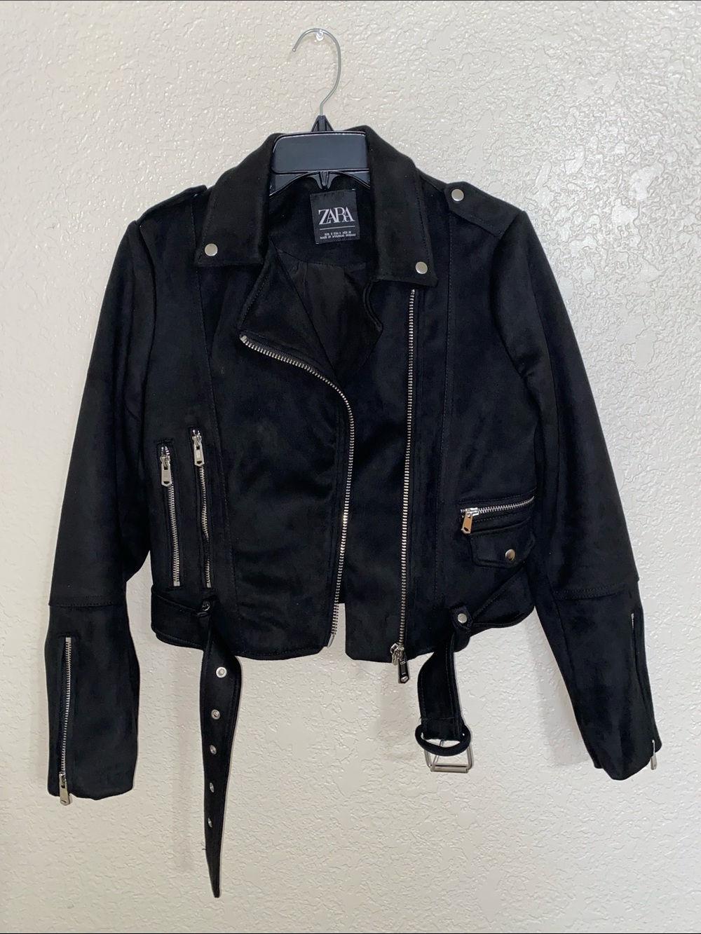 Zara Black Suede-Look Moto Jacket with Belt